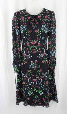 Milly Women's Black Blue Multi Floral Print 100% Silk Long Sleeve Dress Size 4