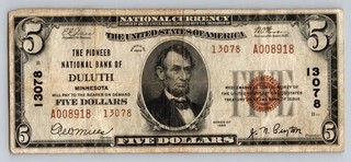 $5 National Currency Duluth Minnesota 1929 CH#13078 Brown Seal Banknote Bill