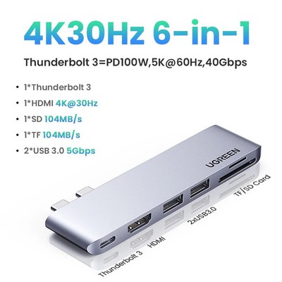 UGREEN 6-in-2 USB-C Hub Thunderbolt 3 4K HDMI SD/TF USB 3.0 Docking Station