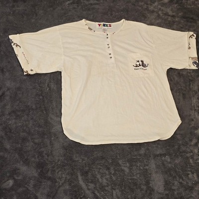 Vintage Yikes Kissin' Kittens Henley Shirt L Ivory Cat Lover Aesthetic 90s Boho