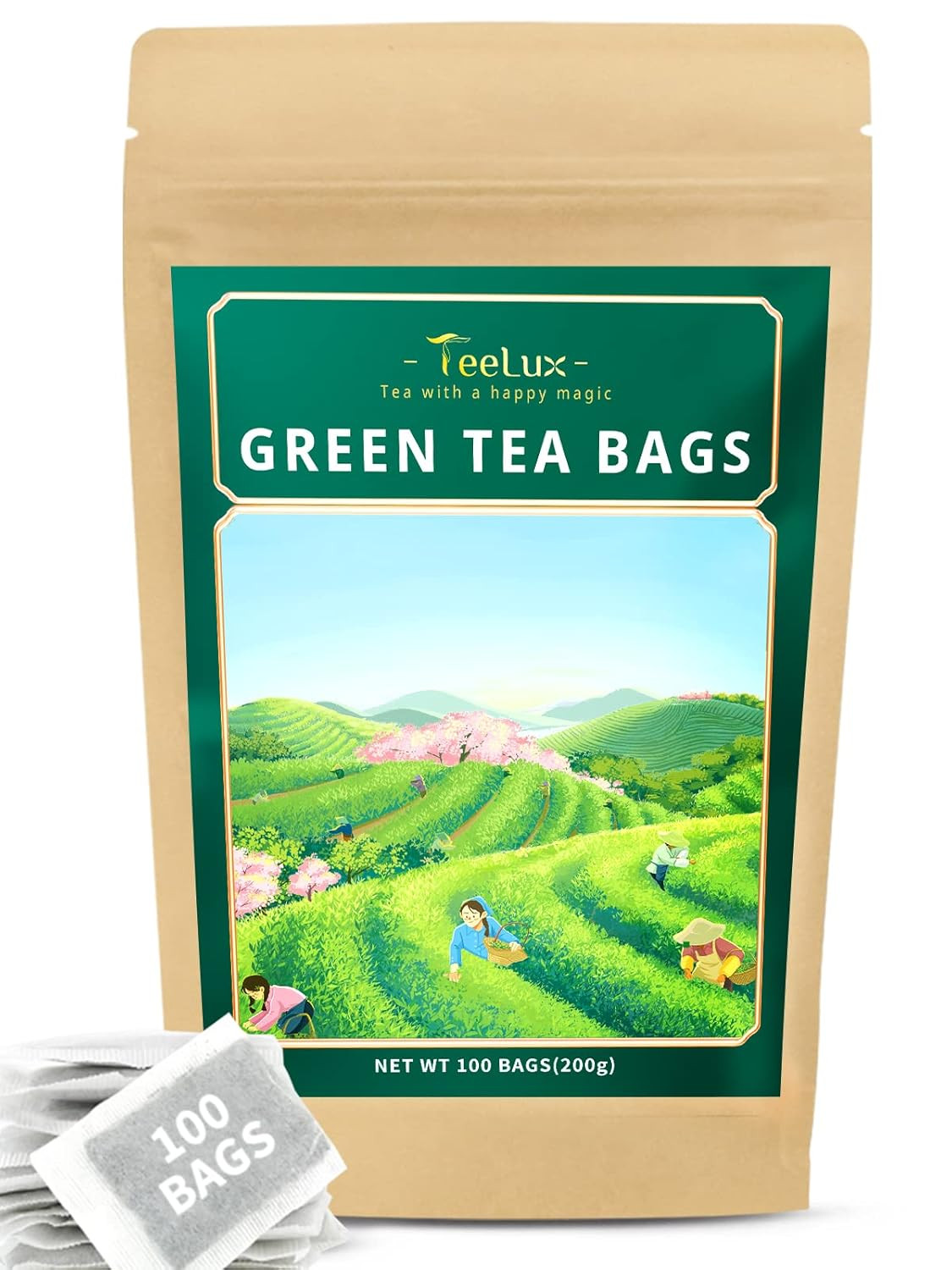 Bags, Natural Pure Green Tea, Super Antioxidant, 100 Count T