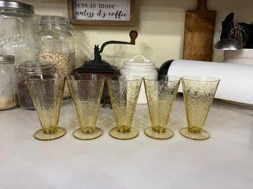 Federal Madrid Depression Glass Amber Yellow 5.5” Footed Tumblers