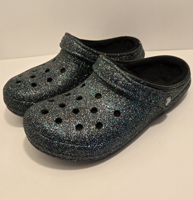 Crocs Black Sparkle Glitter Fleece Sherp Lined Clogs Shoes Slip On Womens Size 9