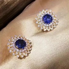 2CT Round Cut Lab Created Sapphire Women's Stud Earrings 14K Yellow Gold Plated