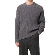 Vintage Eddie Bauer Sweater Men L Ribbed Knit Wool Cotton Crew Neck Marled Gray