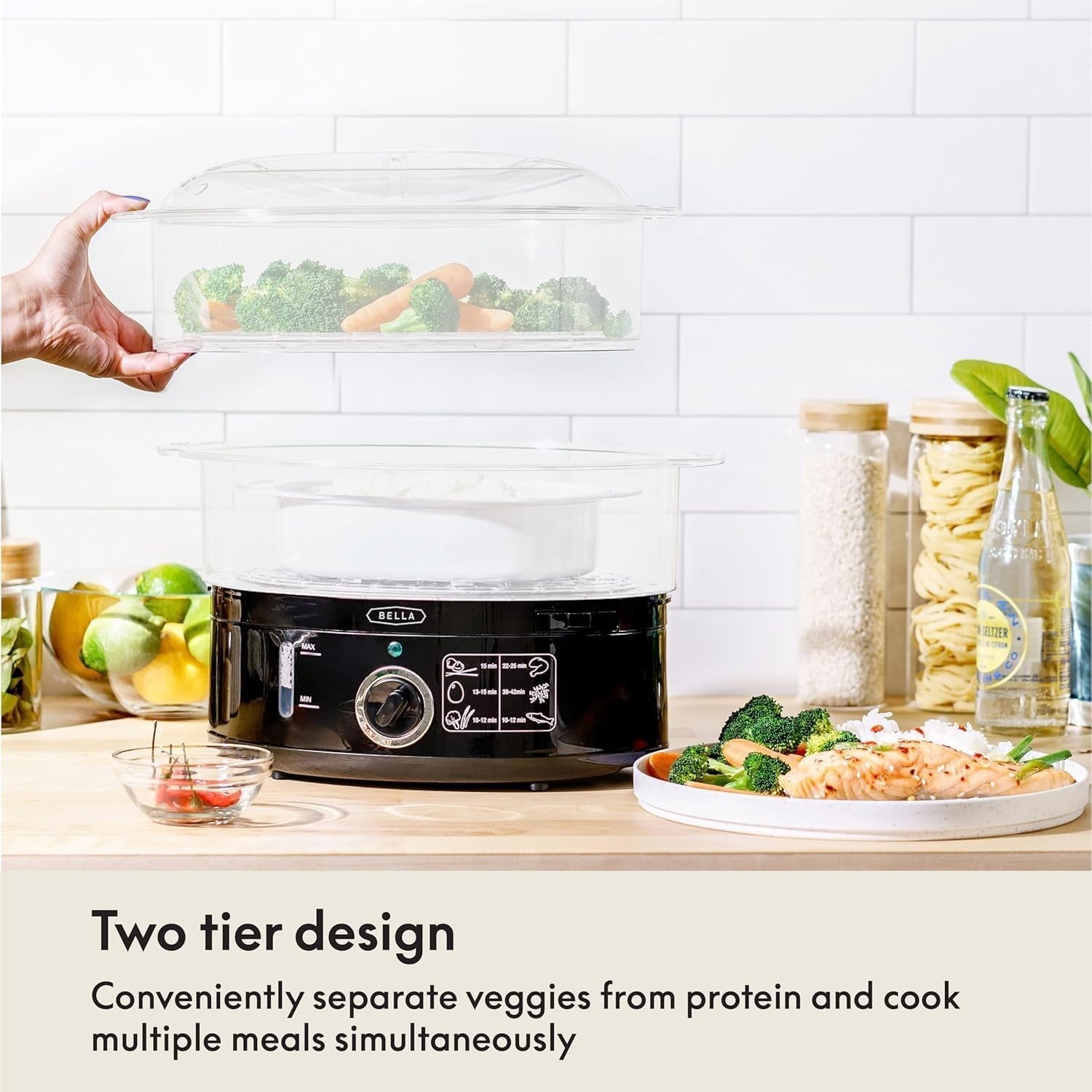BELLA 7.4 QT 2-Tier Electric Food Steamer Vegetable Cooker Warmer for Cooking