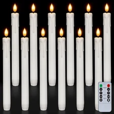 12 Pcs Plastic Flameless Taper Candles with Remote Timer Dimmer White Taper C...