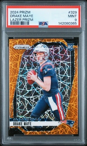 2024 Panini Prizm Drake Maye ORANGE LAZER Prizm Rookie RC #329 PSA 9 PATRIOTS