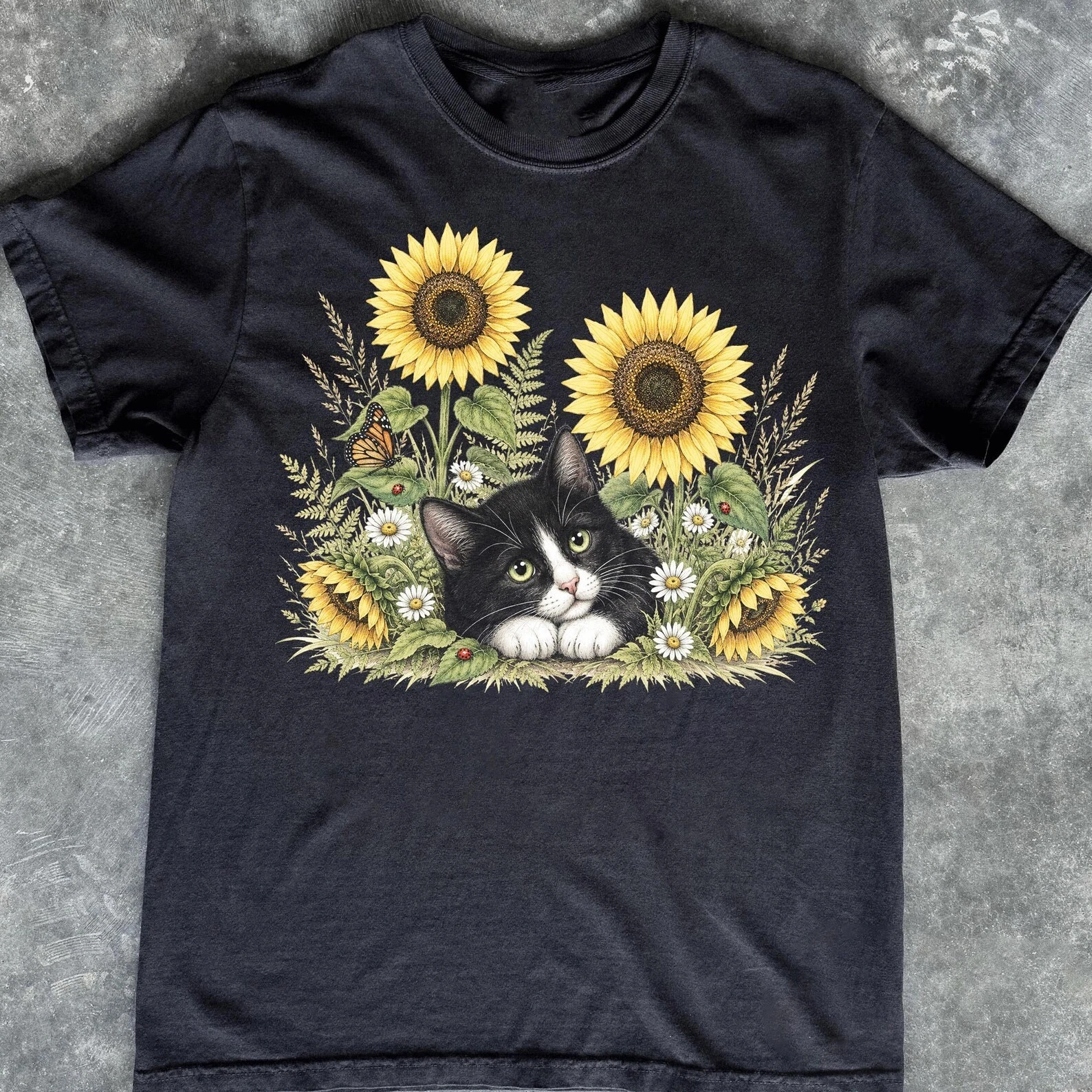 Tuxedo Cat Sunflower Floral Nature Lover Graphic T Shirt Tee - product detail image 1