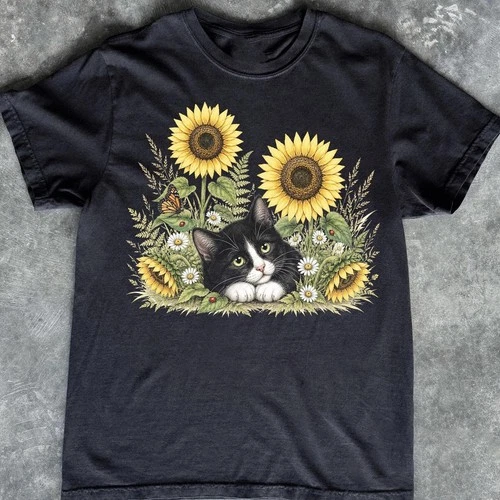 Tuxedo Cat Sunflower Floral Nature Lover Graphic T Shirt Tee - product listing photo