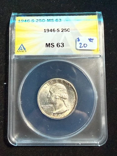 1946 S WASHINGTON QUARTER ANACS MS 63