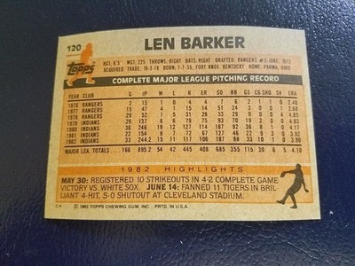 Len Barker Cleveland Indians 1983 TOPPS #120 BLANK FRONT ERROR WOW