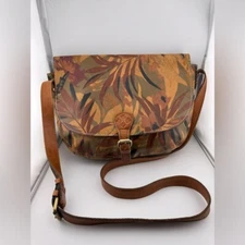 Patricia Nash Floral Rosolini Leather Saddle Bag Tan Crossbody Bag
