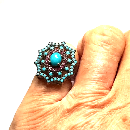 VINTAGE TURQUOISE RUBY CRYSTAL 925 SILVER RING - Picture 6 of 22