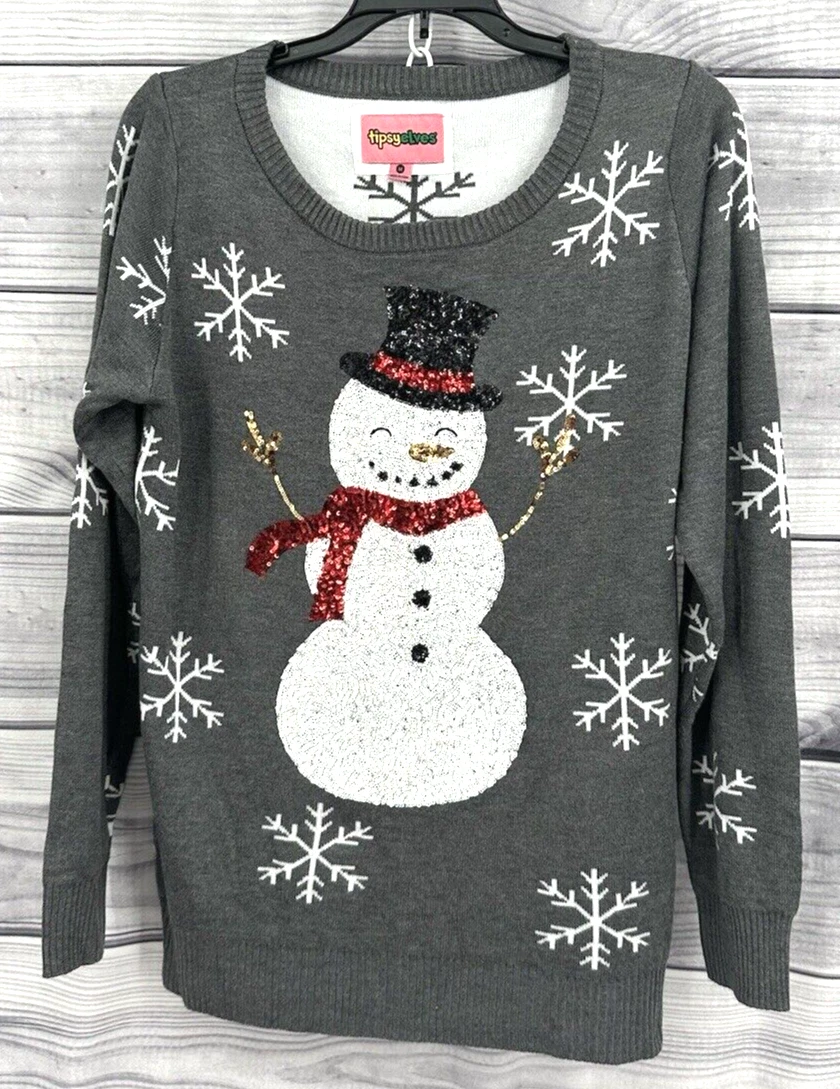 TIPSY ELVES SEQUIN SNOWMAN UGLY CHRISTMAS SWEATER Women's Size Medium GREY   NT