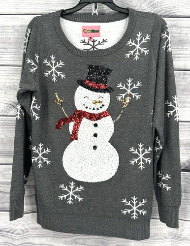 TIPSY ELVES SEQUIN SNOWMAN UGLY CHRISTMAS SWEATER Women's Size Medium GREY   NT