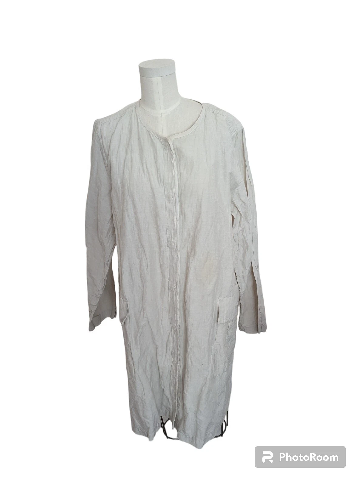 OFF WHITE Eileen Fisher Cappotto Abito Cotone Metallica Off White Snap Front Stropicciato Medium
