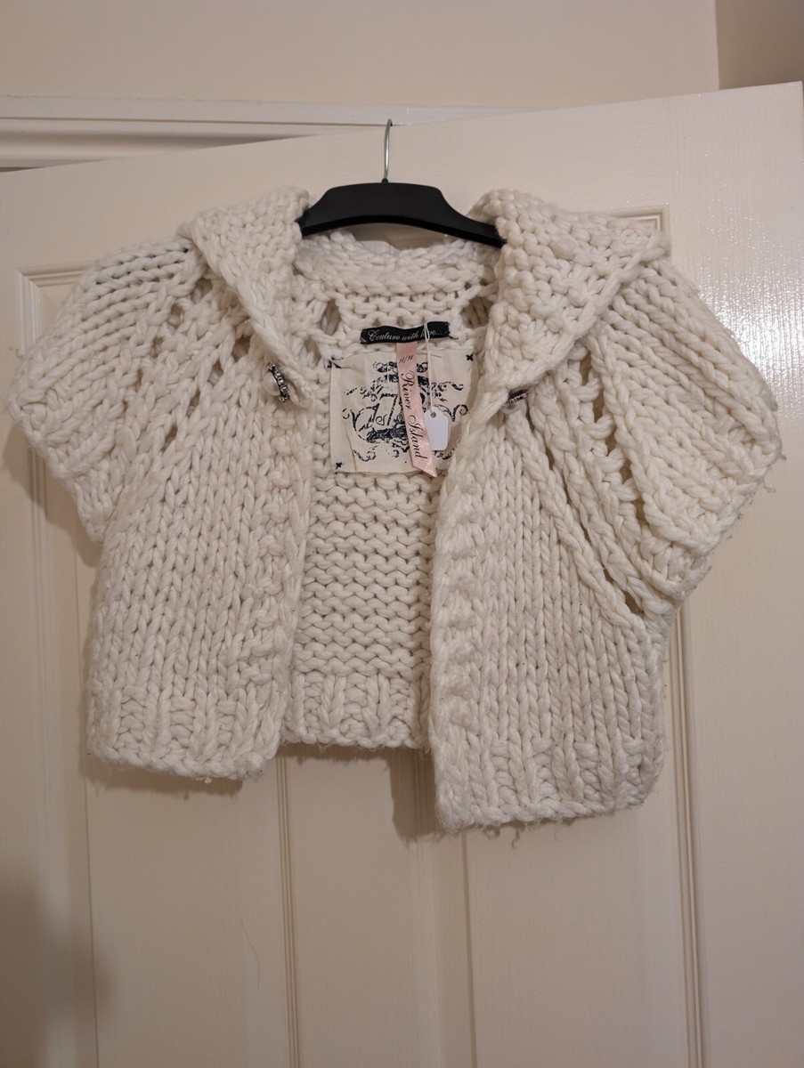 River Island Y2K Cardigan Hooded Knitted Cream Bolero Shrug Sz 10