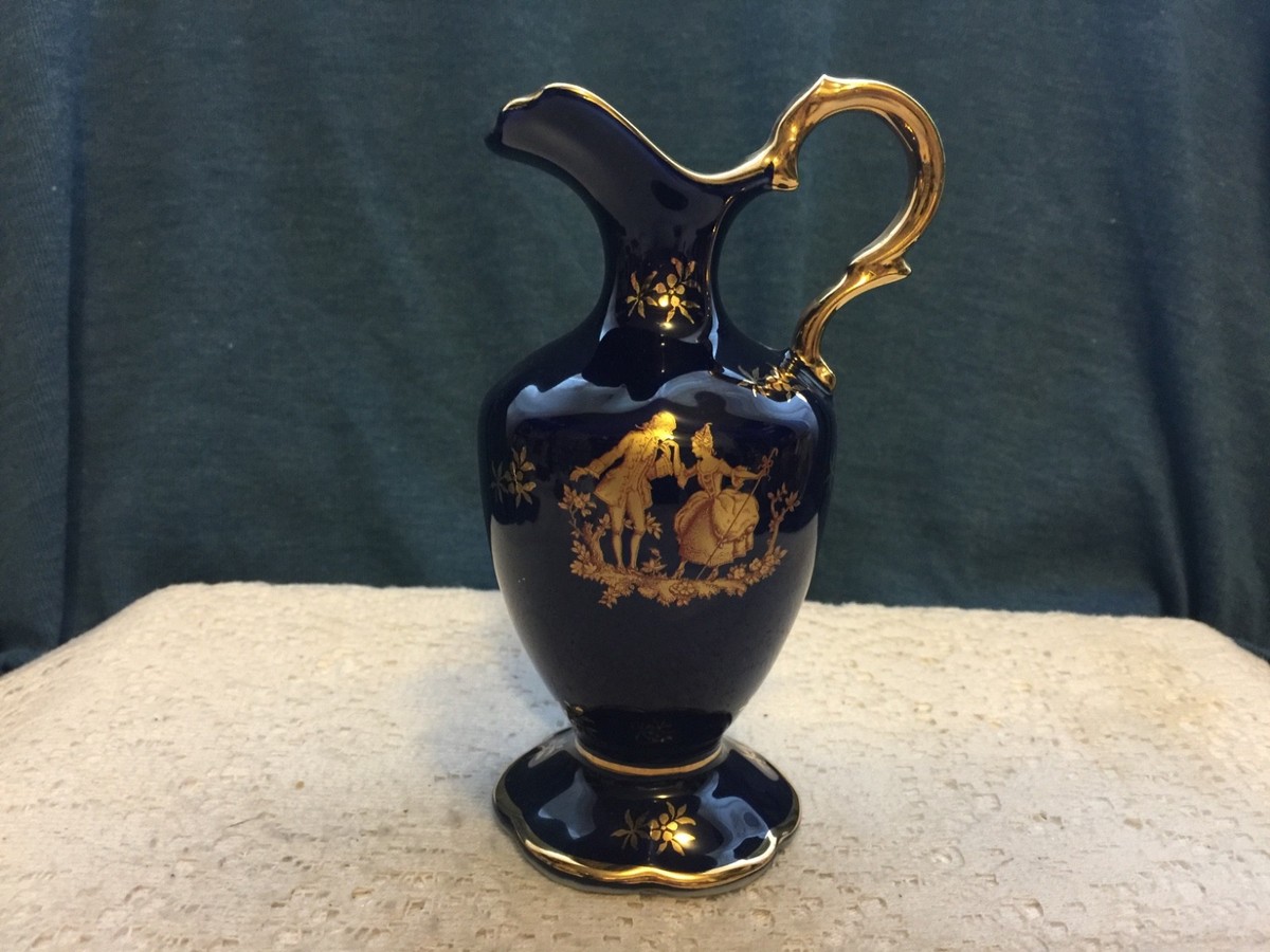VINTAGE LIMOGES FRANCE HANDLED PITCHER COBALT BLUE GOLD DETAILS 6