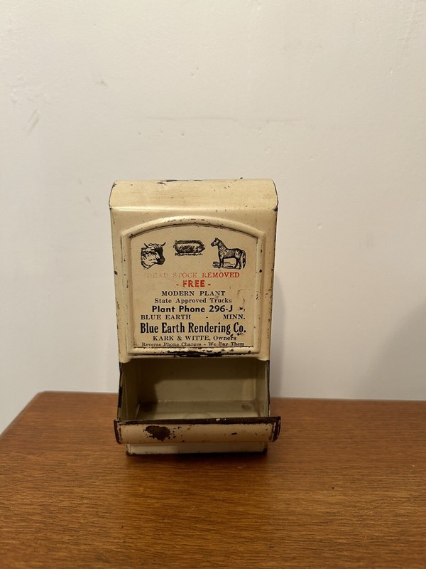 FARMING MATCH SAFE BLUE EARTH MINN VTG 40'S ADVERTISING MODERN PLANT LIVESTOCK