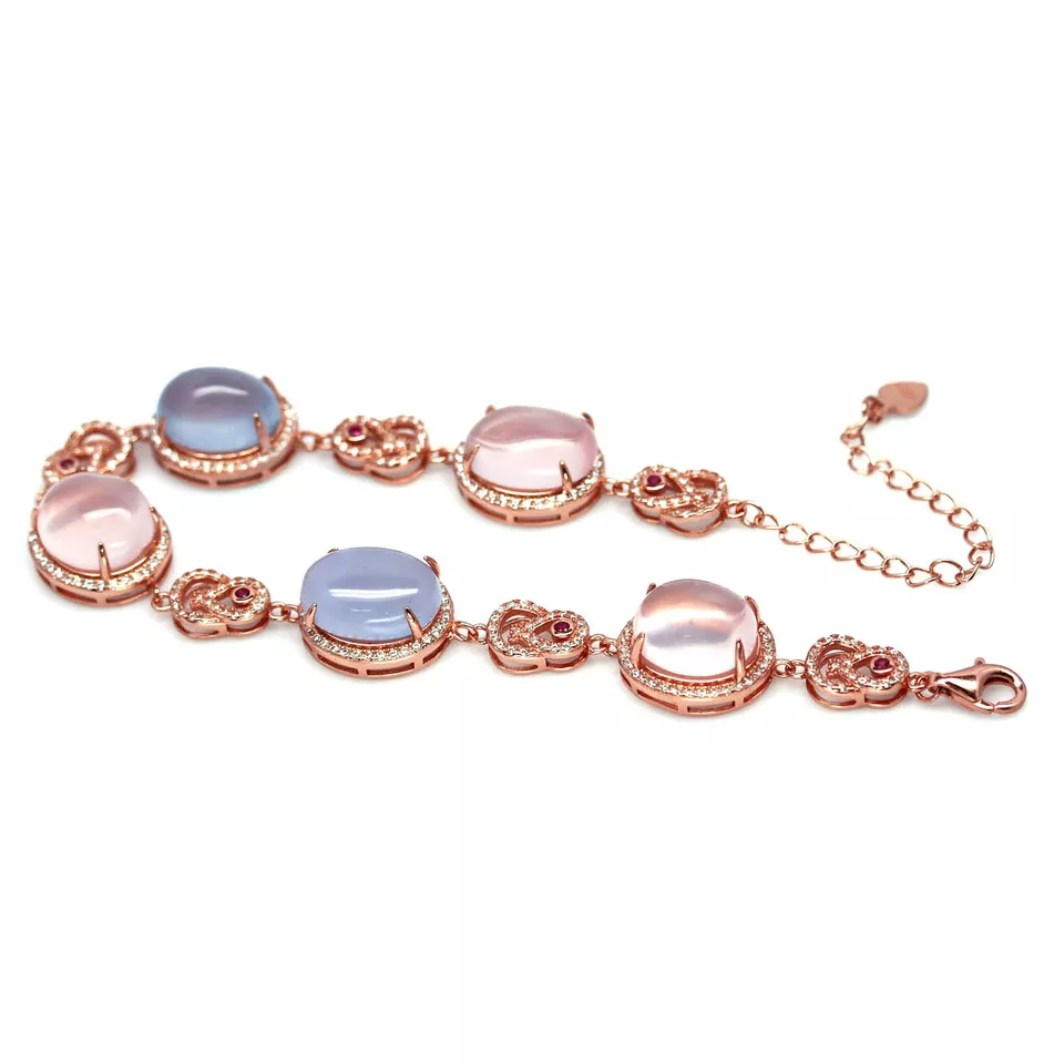 Драгоценный камень 10x11 мм. Розовый кварц, халцедон, цирконий браслет серебро 925 пробы - Изображение 4 из 4