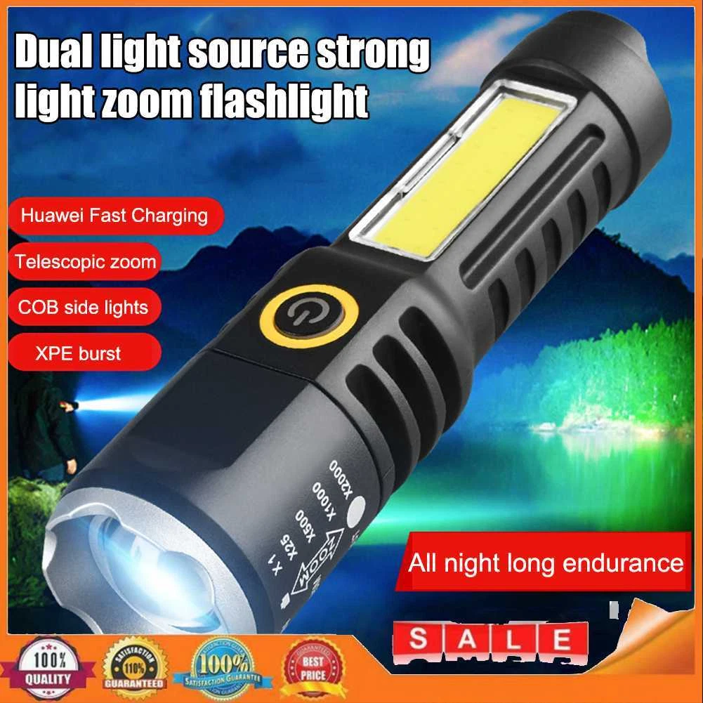 Waterproof Torch Light Telescopic Zoom XPE COB LED Strong Flashlight for  Fishing