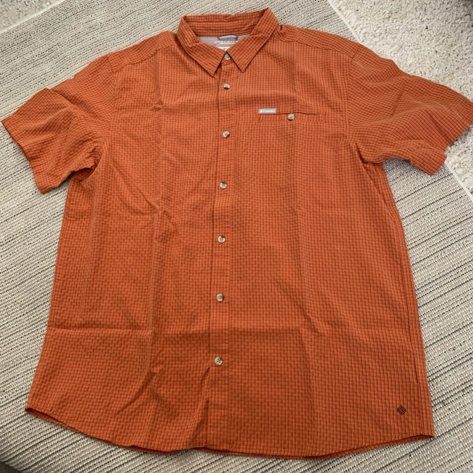 Columbia Shirt Mens XL Omni Shade Short Sleeve Vented Fishing Orange Check