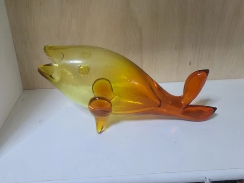 Vintage MCM Blenko Glass AMBER Fish Vase 12"X6"
