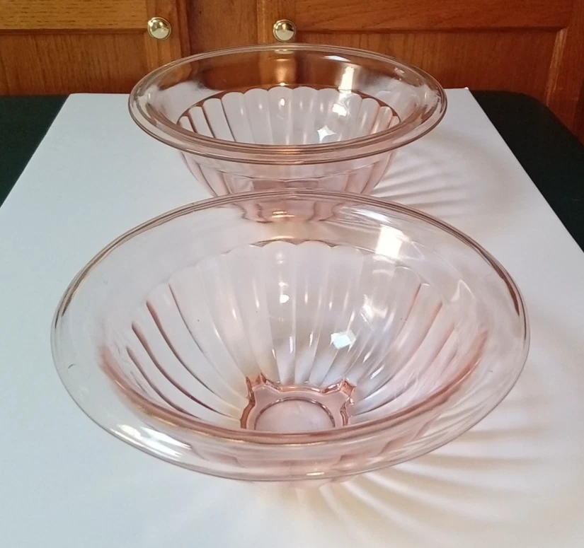 Pink Ribbed Pillar Optic Mixing Bowls Depression Glass Vintage Set of 2