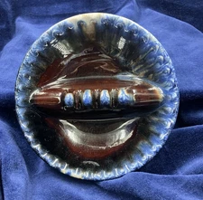Mid-Century Drip Glaze Ashtray Japan Brown with Blue Drip Edge 5.25"
