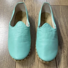 Sabah Gille Turkish Handmade Mint Green Leather Slip-On Shoes Loafers Sz 8.5