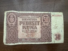 1941 Croatia 50 Kuna NDH  Paper Money Banknotes Currency