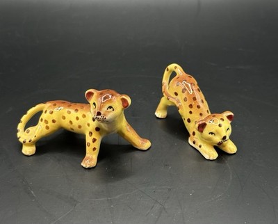 VTG Set of 2 Leopard Cheetah Kitten Ceramic Figurine Yellow Black Spots Japan
