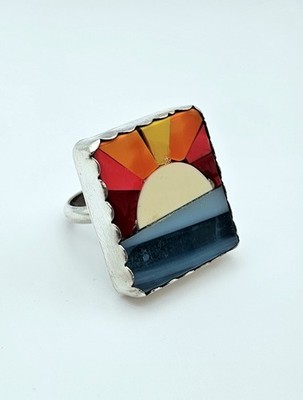 Handmade Sunset Billiard Pool Ball Silver Ring, Size 8.25