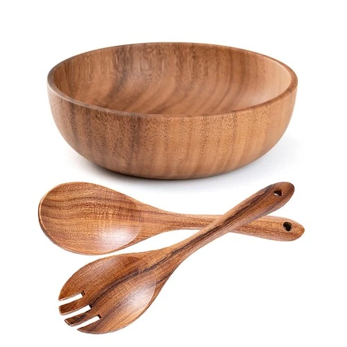 Wooden Salad Bowl Set, 9.45 inch*2.75 inch Acacia Wood Large Salad Serving Bo...