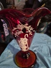 Fenton Mary Gregory Vase Hand  Painted Signed Ruffle 8” Tall 6” Across Ruby Red
