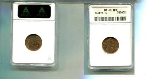 1933 D LINCOLN HEAD PENNY ANACS MS66 RED 7424T