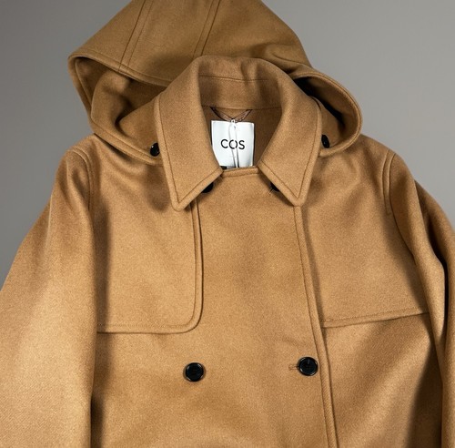 NWT COS Camel Brown WOOL Hooded Double Breasted DUFFLE Long Pea Coat US-12
