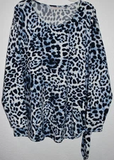 Belle Kim Gravel Top 2X Long Sleeve Stretch Side Grommet Tie Blue Animal Print