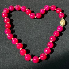 VTG Fuchsia Pink Banded Agate Faceted Bead Statement Necklace – Estate 1980s 