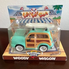 Vintage 1999 The Chevron Cars Collectible Woody Wagon w/ Surfboard