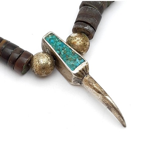 Navajo Bear Claw Necklace Petrified Wood Heishi Beads Silver Crushed Turquoise - Picture 2 of 10