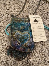 HAND-BEADED CARNIVAL GLASS BEADS PURSE-SMALL, WITH SILK LINING With Fringe