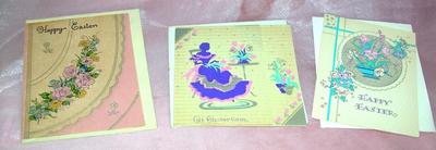3 VTG EASTER CARDS, UNUSED W ENVELOPES  -  PARCHMENT PAPER ART DECO 1930'S