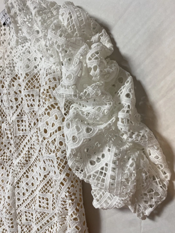 Blusa Camisa Top Encaje Rosa Sin Fin Pequeña Blanca Desnuda Transparente Manga Abullonada Ojales Foto 3 de 4