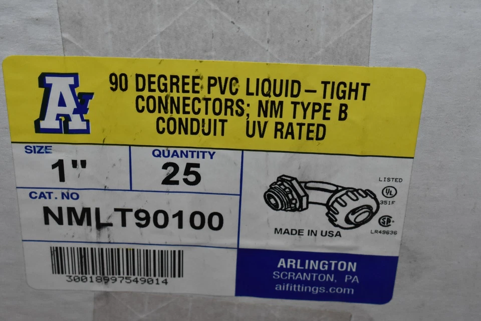 Estuche de 25 conectores herméticos líquidos PVC Arlington NMLT90100 1" 90 grados nuevo en caja Foto 3 de 3