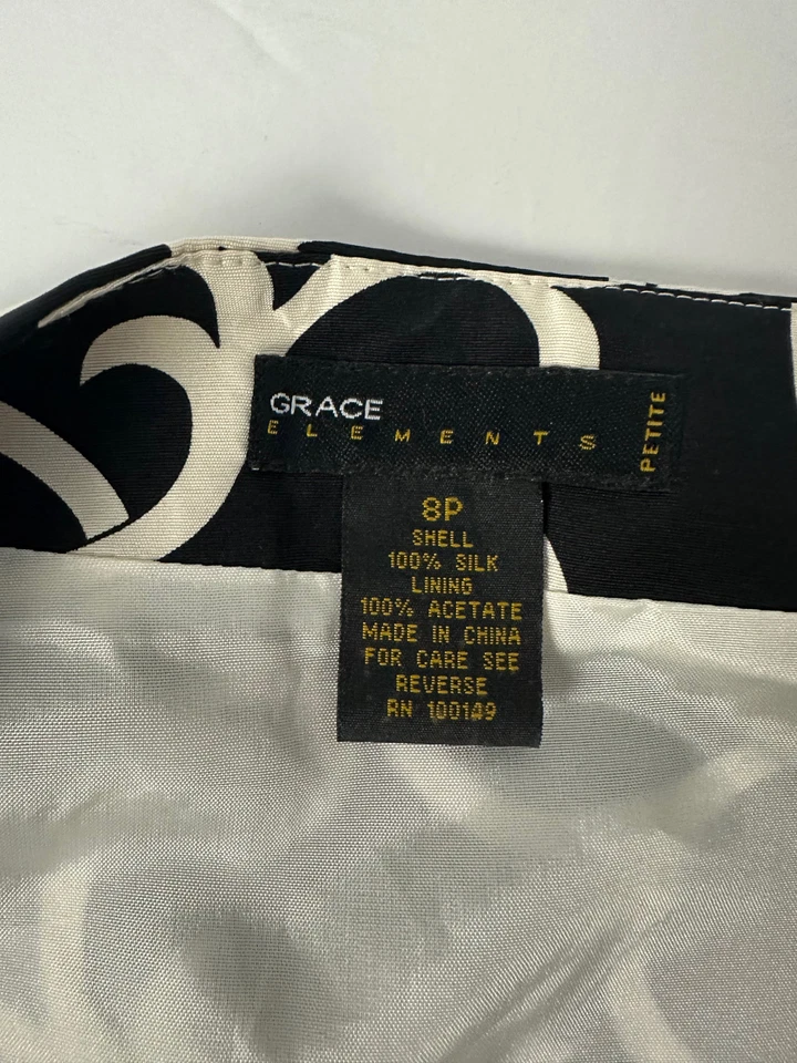 GRACE ELEMENTS Falda Negra 100% Seda Estampado Pergamino Sobre Rodilla 8P NUEVA Foto 2 de 2