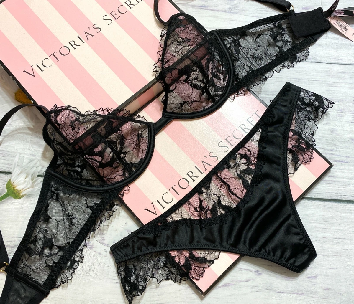 Victoria’s Secret LUXE Lingerie 2 Piece Lace Unlined Demi Bra Thong Set  Black