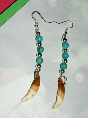 COYOTE Teeth EARRINGS Light Brown 3.5'' Drop Faux Turquoise SILVER Ear Wires NEW!