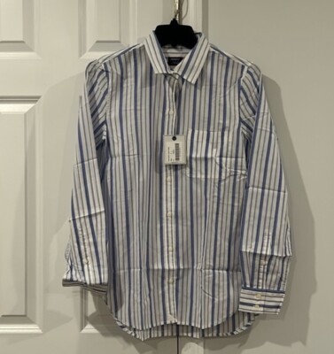 NWT Untuckit Pinot Perse Pinstripe Button Down Shirt Blue White Women s Size 4